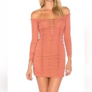 Majorelle Darling off the shoulder mesh mini dress